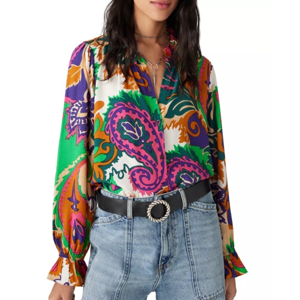 BA&SH Natsy Button Up Shirt Vert Multi Women Size 1 Small Ruffled Neck Blouse